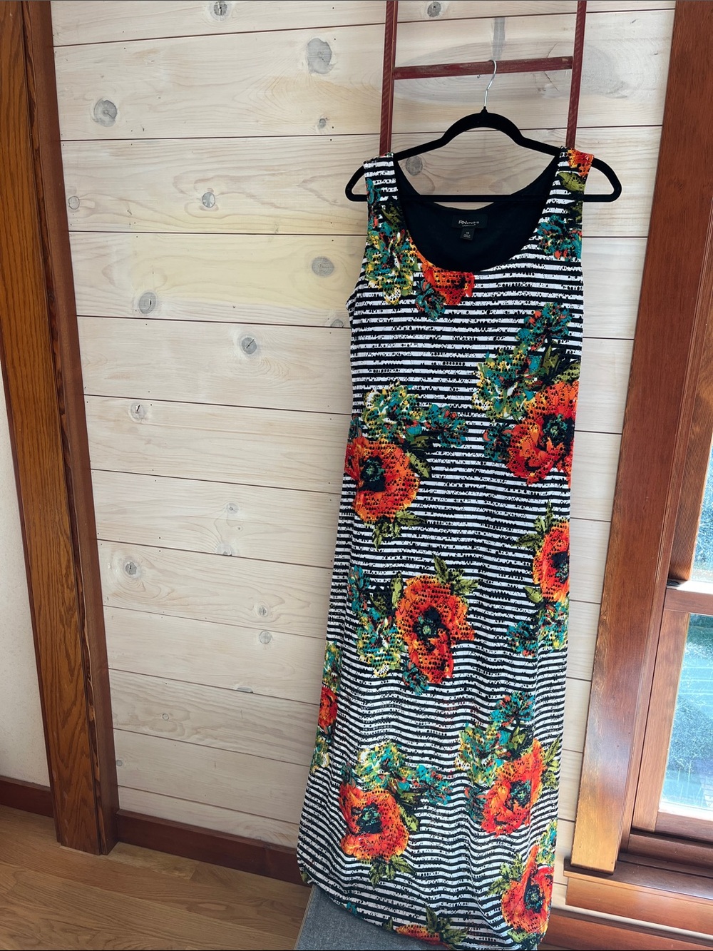 Ronni Nicole Black & White Striped Maxi Dress with Orange Floral Print